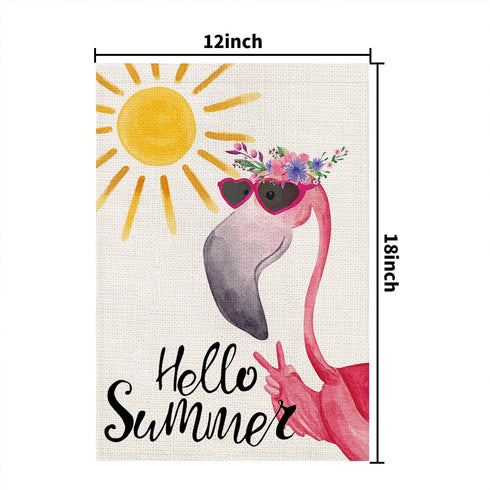 Hello Summer Flamingo Small Garden Flag Burlap Vertical Double Sided 12x18 Inch, Farmhouse Holiday Floral Beach Yard Outdoor Decor DF490...