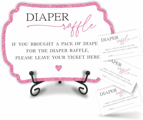 Pink Diaper Party Game Set, 50 Pcs Diaper Raffle Tickets, 1 Wooden Sign & 1 Iron Stand, Gender Neutral Baby Shower Game Kit for Boys & Girl, Newbo...