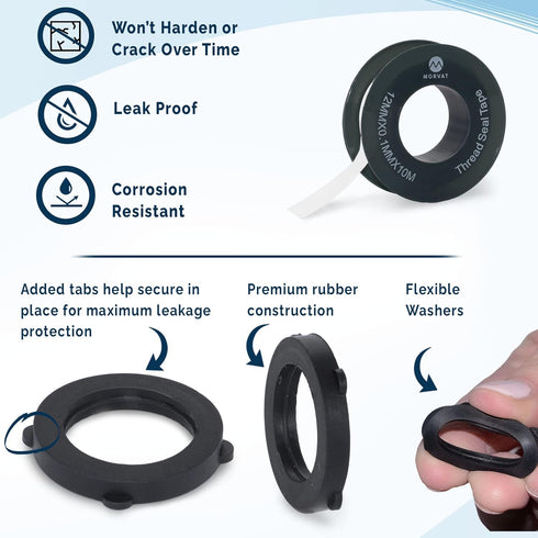 Morvat 30 Rubber Washers & 2 Rolls PTFE Teflon Plumbing Tape for Garden Hose, Water Pipes & Faucet Fittings, Leak Free Seal Plumbers Tape, Waterpr...