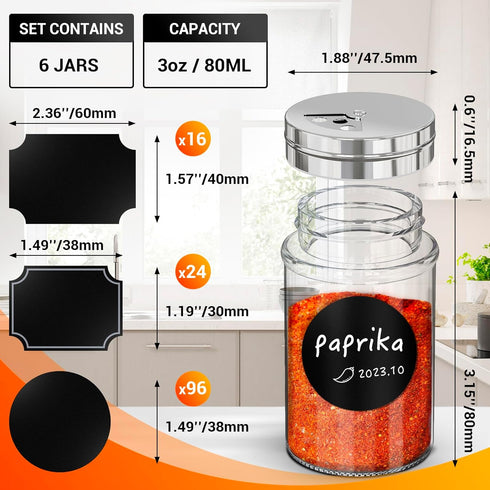Segarty Glass Spice Jars with Labels, 6 Pack 3oz Glass Spice Bottles with 136 Blank Label Stickers and 1 Chalk Marker, Empty Spice Jars with Shake...