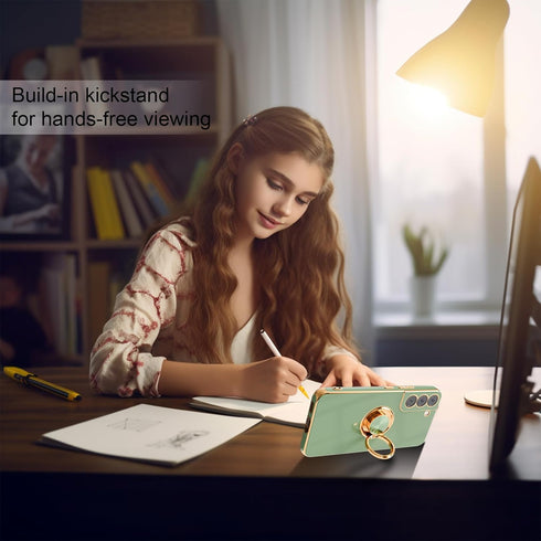 yuanming for S22 Phone Case,+Screen Protector,with Magnetic Kickstand,Built-in 360° Rotation Ring Holder,Plating Gold Edge Slim Soft TPU Shockproo...