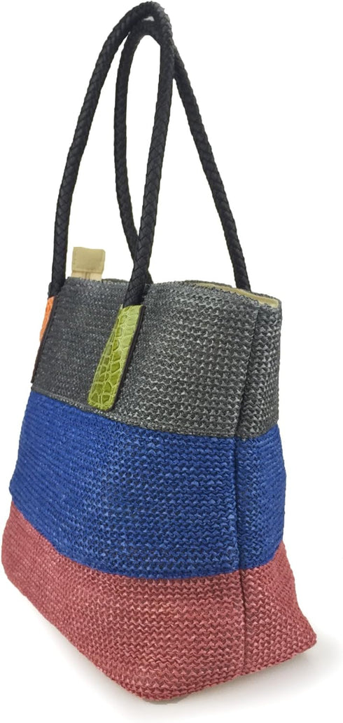 HOXIS Color Block Crocodile Pattern Stripes Woven Synthetic Straw Tote Womens Shoulder Handbag #Lovewin...
