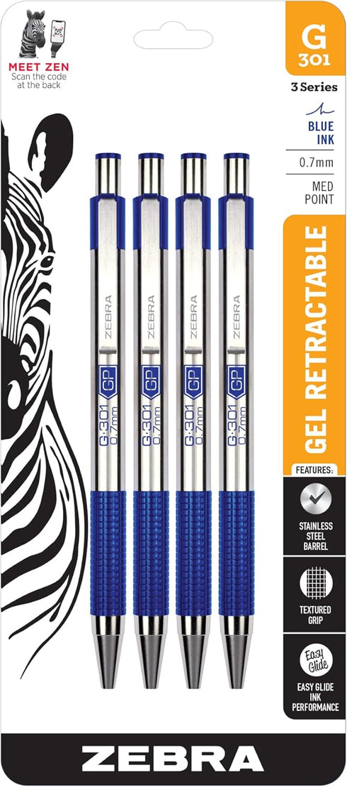 Zebra Pen G-301 Retractable Gel Pen, Premium Stainless Steel Barrel, Medium Point, 0.7mm, Blue Ink, 4-Pack, (41324)...