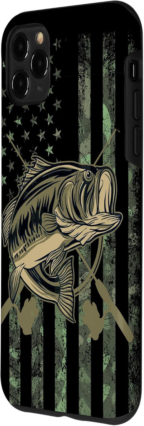 Camo American Flag Bass Fishing Gift Love Fishing Fisherman Case for iPhone 11 Pro Max...