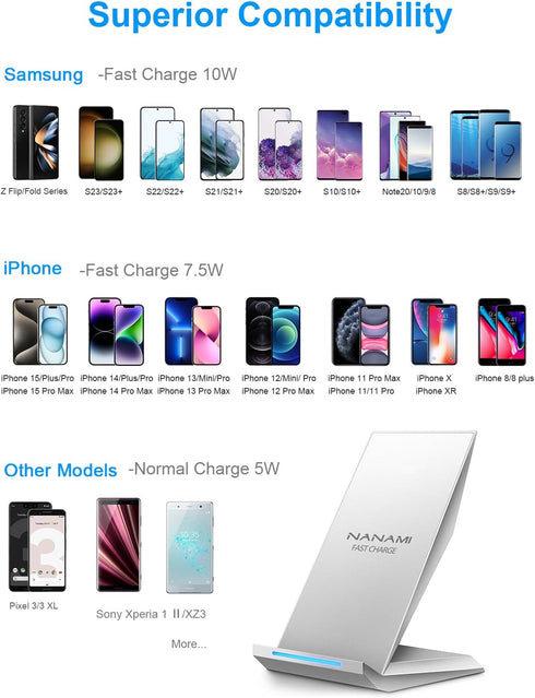 Fast Wireless Charger, NANAMI Qi Certified Wireless Charging Stand Compatible iPhone 15/14/13/12/11 Pro/XS Max/XR/8, Samsung Galaxy S24/S23/S22/S2...