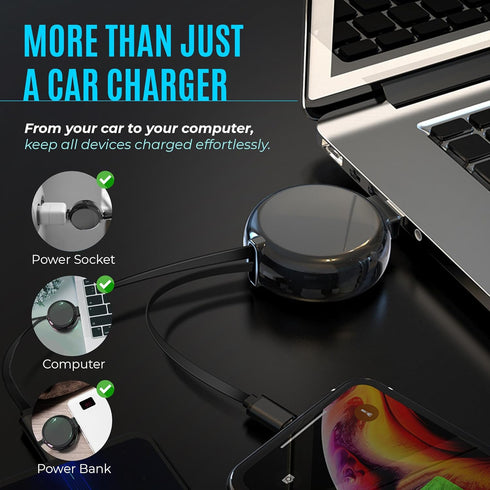 2-in-1 Retractable Car Charger for iPhone and Android | Modern Car Charger Retractable Cord | Retractable iPhone Charger Cord 15W Fast Charging | ...