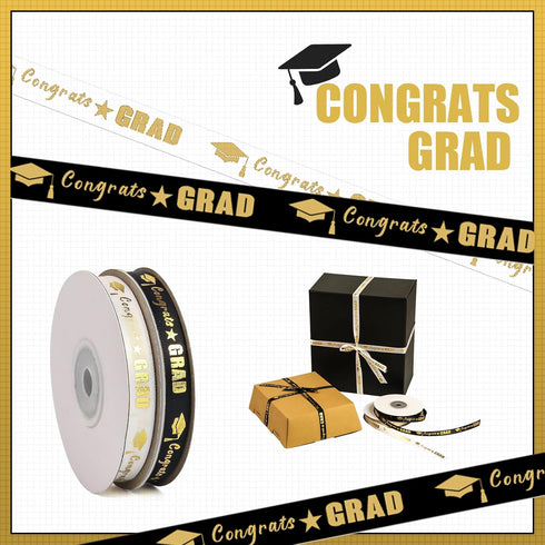 2 Rolls 50 Yards Graduation Ribbon 3/8 Inch Wide, Congrats Grad Gold Satin Ribbon for Gift Wrapping Class of 2024 Graduation Party Decorations DIY...