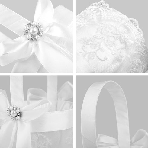 TRUE LOVE GIFT Ring Bearer Pillow and Wedding Flower Girl Basket Set Pearl Rhinestones White Satin Lace Collection...