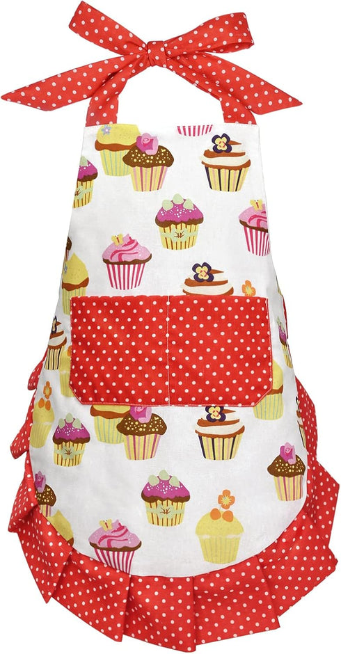 ASPMIZ Cupcake Kids Apron, Red Baking Bib Apron for 2-6 Years Child, Girls Chef Apron with Pockets for Gardening Painting, Adjustable Kitchen Apro...