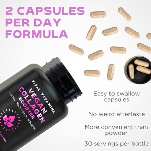 Vital Vitamins Vegan Collagen Booster - Plant Collagen Supplements - Supports Hair, Skin, Nails & Joints - with Hyaluronic Acid - 60 Capsules...