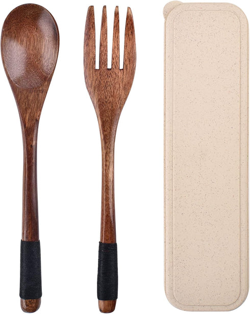 Wooden Cutlery Set, Spoon And Fork Set, Reusable Travel Cutlery Set with Case, Wooden Portable Cutlery Set, Rope Winding Processing, for Lunch, Ca...
