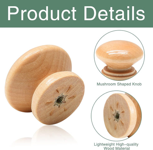 15PCS Round Wood Drawer Knobs, 1-3/8 inch Diameter Mushroom Knobs Wooden Cabinet Pulls Handles with Mounting Screws for Furniture - Wood Grain...