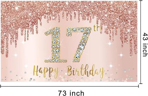 Happy 17th Birthday Banner Backdrop Decorations for Girls, Rose Gold 17 Birthday Party Sign Supplies, Pink Seventeen Birthday Poster Background Ph...
