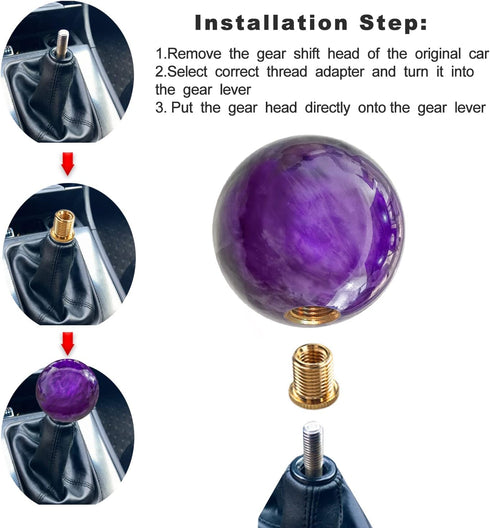 Purple Weighted Round Ball Shift Knob M12*1.25 Universal Marble Style Gear Shifter Knobs Fit for 5 6 Speed Manual Vehicles with Three Adapters M8*...