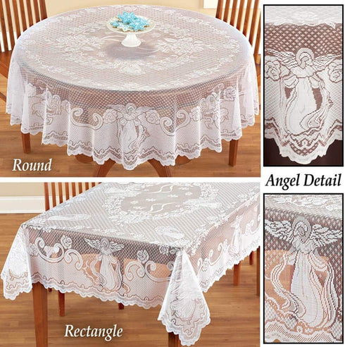 WUBODTI Christmas White Lace Rectangular Tablecloths Angel Pattern Floral Embroidered Table Linens for Baby Showers Wedding Parties Table Covers f...