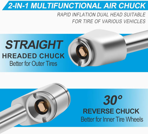 Closed 9.37" Extended Reach Dual Head Air Chuck, 2-Way Connection 1/4" FNPT Tire Chuck w/Standard Quick Plug, Air Compressor Fill Kit for Truck RV...