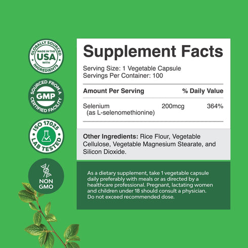 Yeast Free Selenium 200mcg Capsules - High Potency Selenium Supplement for Immunity Antioxidant and Thyroid Support Essential Trace Mineral - Vega...