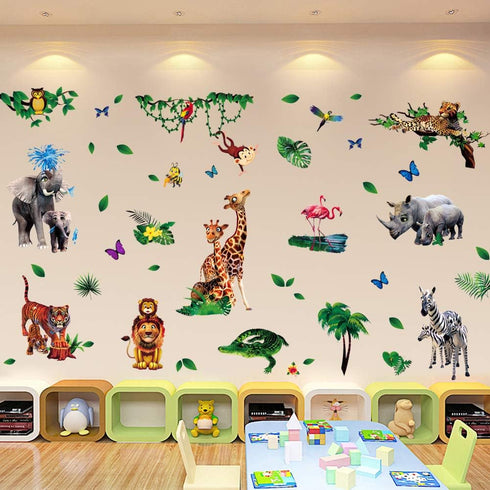 Amaonm Creative Giant Removable Cartoon Zoo Wild Jungle Animals 3D DIY Lion Giraffe Elephant Tree Wall Decals Nursery Decor for Kids Bedroom Livin...