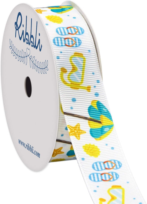 Ribbli Grosgrain Summer Beach & Flip-Flop Craft Ribbon,7/8-Inch,10-Yard Spool,White/Yellow/Blue,Use for Hair Bows,Wreath,Birthday,Gift Wrapping,Su...