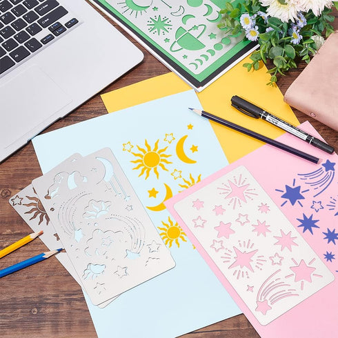 FINGERINSPIRE 4 Pcs Universe Space Theme Metal Stencils Template, (Sun, Moon, Stars, Clouds?Stainless Steel Drawing Painting Stencils for Scrapboo...