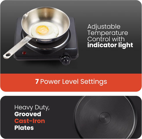Elite Gourmet ESB-301BF Countertop Single Cast Iron Burner, 1000 Watts Electric Hot Plate, Temperature Controls, Power Indicator Lights, Easy to C...
