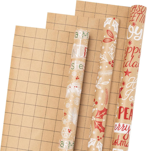 LeZakaa Christmas Kraft Wrapping Paper - Mini Roll - Snowflake/Berry Leaves/Happy Holidays Lettering for Gift Wrap, Arts Crafts - 17 x 120 inches ...