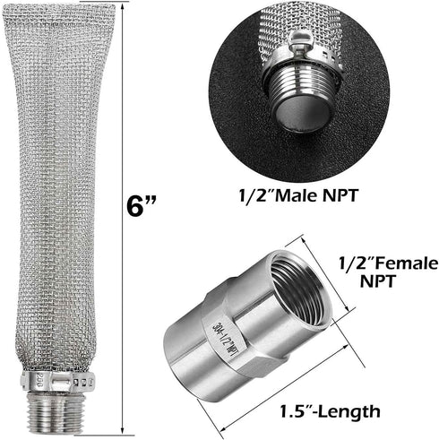 6-inch Bazooka Screen Boil Screen(1/2" NPT) with Pipe Fitting(1/2"x 1/2" Female NPT),Reusable Stainless Steel 304 Beer Filter Tube,Mash and Tun Bo...