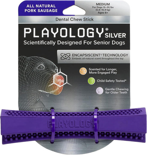 Playology Silver Dental Chew Stick Dog Toy for Medium Senior Dogs (15-35lbs) - Engaging All-Natural Pork Sausage Scented Dog Chew Toy - Non-Toxic ...