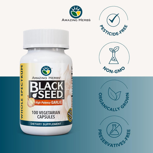 Amazing Herbs Whole Spectrum Black Seed & High Potency Garlic, Vegetarian Capsules - Gluten-Free, Non-GMO, Vegan, Supports Immune System, Lung Fun...