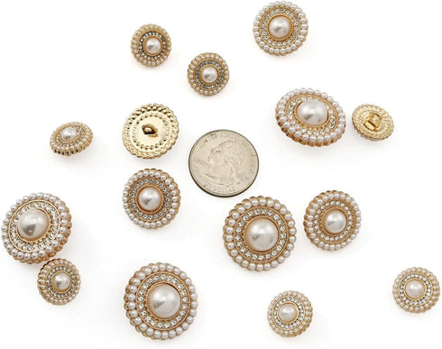 16PCS Gold Diamond-Encrusted Pearl Buttons Metal Button Rhinestone Faux Pearl Buttons Embellishments for Coat, Suits, Knitting Sweaters, Sewing Cr...