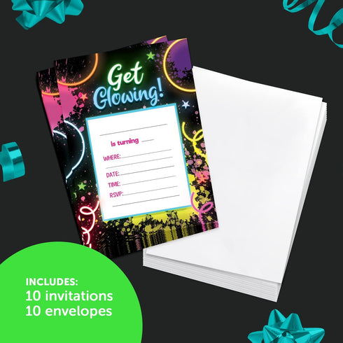 Desert Cactus Neon Happy Birthday Invitations Invite Cards (10 Count) With Envelopes Boys Girls Kids Party (10ct)...