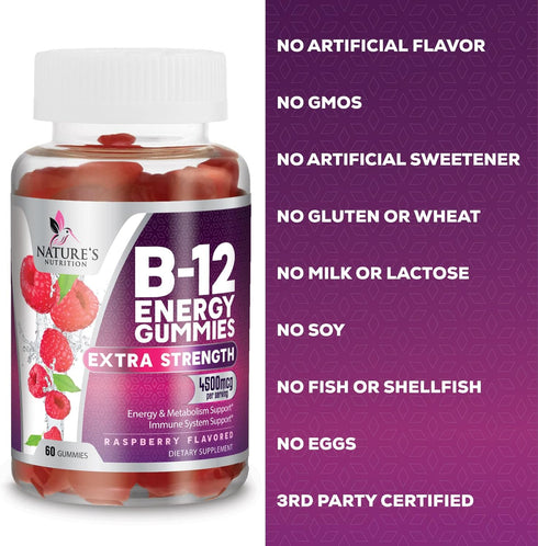 Vitamin B12 Energy Gummies - Extra Strength 4500 mcg Energy Chews for Metabolism & Nervous System Health Support, B-12 Gummy Chewable Supplement f...