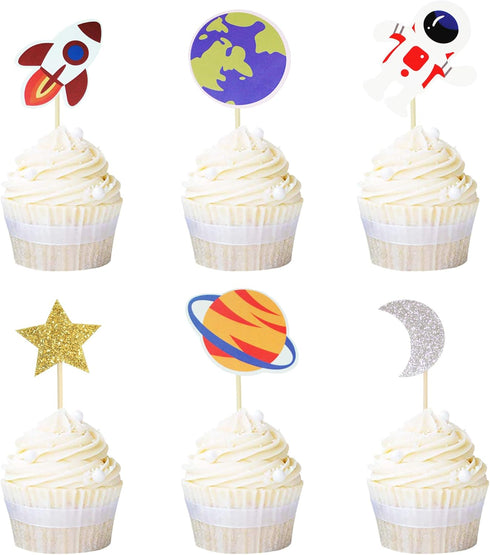 Ercadio 36 Pack Space Astronaut Cupcake Toppers Rocket Planet Trip to the Moon Cupcake Picks Baby Shower Boys Girls Birthday Outer Space Themed Pa...