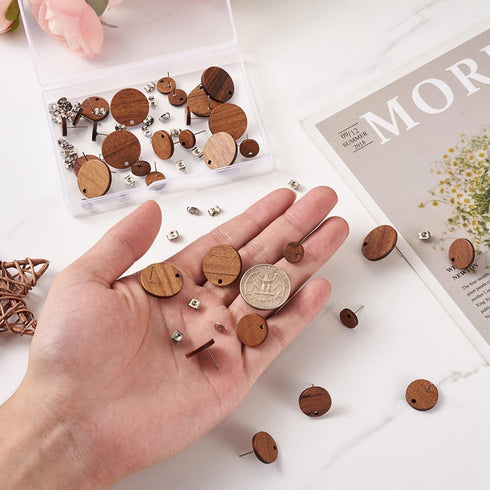Pandahall 18 Pairs Flat Round Walnut Wood Earring Studs 3 Sizes Wooden DIY Making Kits with Stainless Steel Ear Nuts for Handmade Earrings...