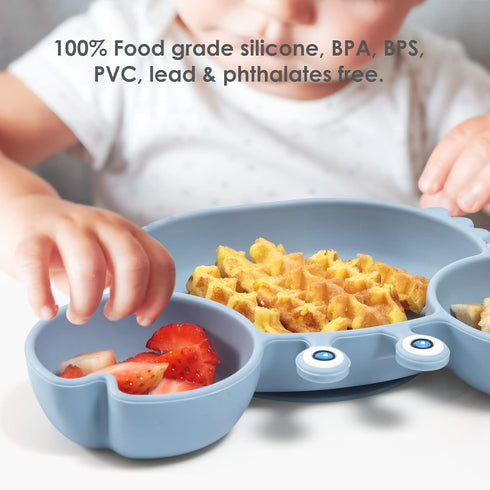 ROCCED Suction Plates for Baby, Silicone Plates with Suction Divided, Baby Spoon Fork Set for Toddler Baby Dishes Kids Utensils-Crab Dusty Blue...