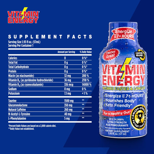 Vitamin Energy B12 Energy Drink Shots, Acai Pomegranate Flavor, Up to 7+ Hours of Energy, 1.93 Fl Oz, 4 Count...