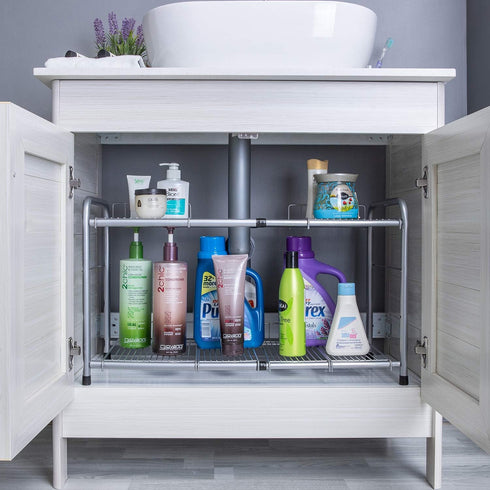 Flagship 2 Tier Under Sink Organizers and Storage Rack Expandable Cabinet Shelf Rack for Kitchen Bathroom Silver (16-25 inches)...