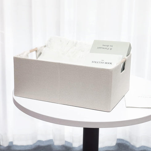 Fabric Storage Bin Box Foldable Cotton Linen Storage Basket with Wooden Handles Rectangular Cube Decorative Home Laundry Organizer Clothes Blanket...