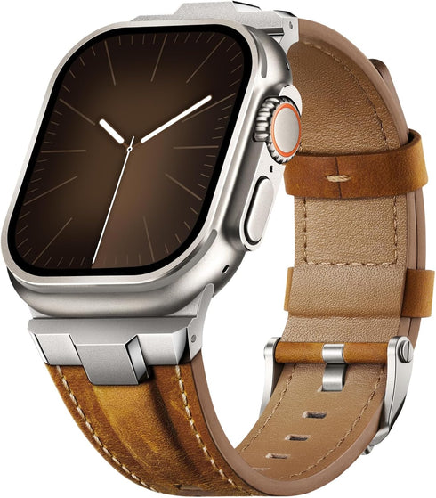 Suitisbest Leather Bands Compatible for Apple Watch Ultra Band 49mm 45mm 44mm 42mm, Genuine Leather Rugged Durable Matel Connector Replacement Str...