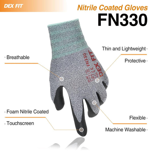 DEX FIT Nitrile Work Gloves FN330, 1 Pair, 3D-Comfort Stretchy Fit, Firm Grip, Thin & Lightweight, Touch-Screen Compatible, Durable, Breathable & ...