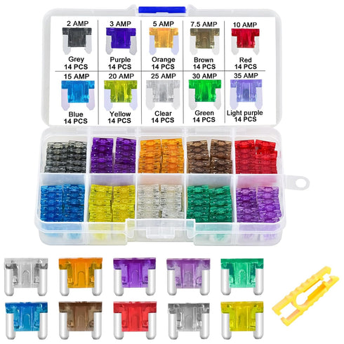 MuHize Low Profile Mini Fuse Kit - 140-Piece Low Profile Blade Fuses(2/3/5/7.5/10/15/20/25/30/35 AMP) with Puller Tool for Car Truck SUV Motorcycl...