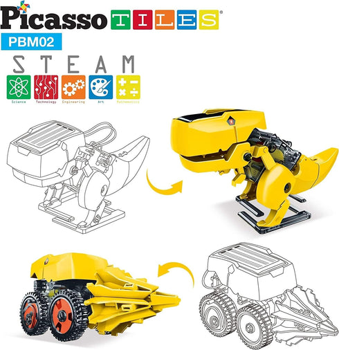 PicassoTiles STEM Kids Solar Powered Dinosaur Robot Educational Learning Engineering Building Toy 3-in-1 Creative Unique Transformation Renewable ...