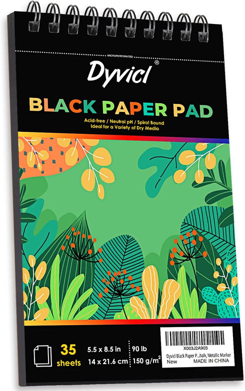 Dyvicl Black Paper Pad 5.5"x8.5" Sketch Book, 35 Sheets (90 lb/150gsm), Spiral Black Sketchbook Drawing Paper for Pencil, Pastel, White Ink Gel Pe...