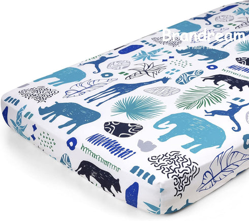 Brandream Baby Crib Seet Safari Animal Boys Fitted Sheet Cute Elephant Giraffe Monkey Newborn Toddler Crib Matterss Sheet, Blue White Black...