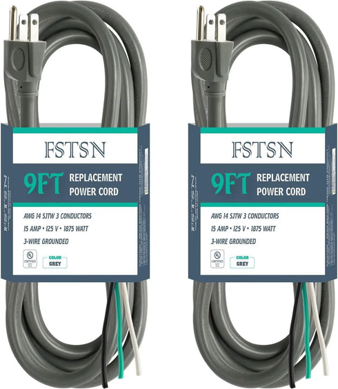 2 Pack 9 ft 14/3C SJTW Appliance and Power Tool Cord, 14 Gauge 3 Prong Replacement Power Supply Cord Cable, 110V 115V 120V AC Pigtail, 15A, 1875w ...