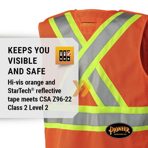 Pioneer Hi Vis Tear-Away Mesh Back Safety Vest for Me - Reflective Tape, 4 Pockets - Construction, Traffic, Security - Orange...