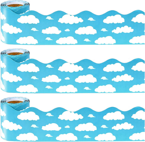 99 ft Blue Sky White Clouds Bulletin Board Borders,Scalloped Bulletin Board Trim for Blackboard Whiteboard Classroom Border Decor (3 Rolls)...