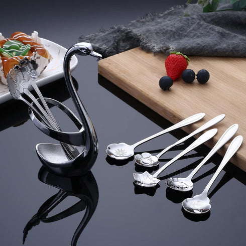 AnSaw Silver Small Swan Base Holder With Silver 8 Pcs Flower Spoon Set,Stainless Steel Reusable Tea Scoops Stirring Spoon Coffee Spoon...