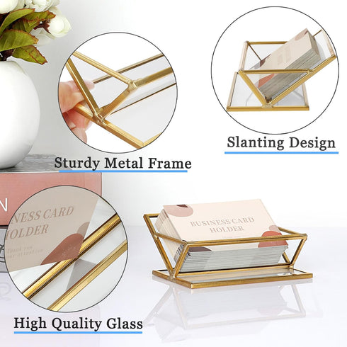 Hipiwe Glass Business Card Holder for Desk, Golden Metal Frame Business Card Display Stand for Office Reception Exhibition Meeting Desktop Organiz...