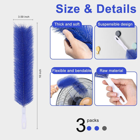 3 Pcs Fan Cleaning Brush Bendable Cobweb Duster - Microfiber Head, Washable - Ideal for Ceiling Fan Blades, Air Vents, Curtains, Cars - Reusable D...
